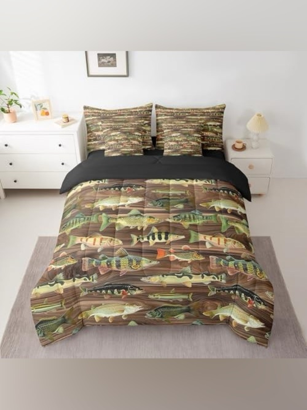 Feelyou Bass Fish Comforter Set Twin Size Fishing and Hunting Bedding Set - Picture 2 of 5